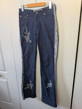 PARASUCO Y2K Flare Handmade Details Velvet Sides Size 28 Blue 00' Women Jeans